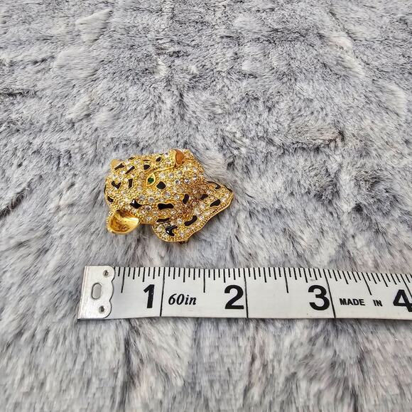 Leopard Panther Emerald Green Eyes Brooch Signed CT Gold Tone Rhinestones 2” - Picture 6 of 6
